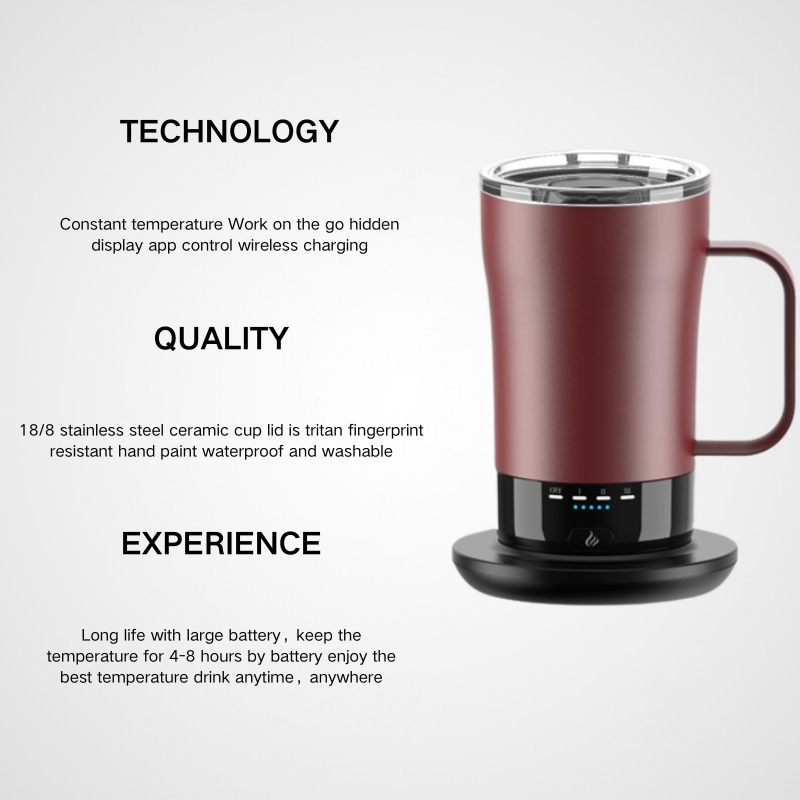 Temperature Control Heated Travel Mug Smart Self Heating Coffee Mug with App Controlled LED Display and Wireless Combo Charger