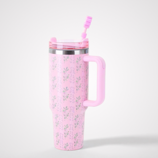 40oz Flower Tumbler Mug with Straw and Handle