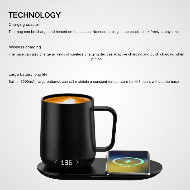 12oz Warmer Temperature Control Smart Car Mugs Travel Heated Coffee Ceramic Cups With Wireless Phone Charger Coaster Pad