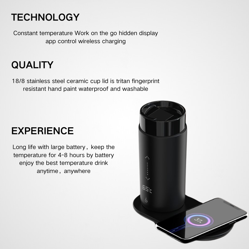 Temperature Control Heated Coffee Mug Smart Self Travel Mug with App Controlled Warmer LED Display Wireless Charger Base