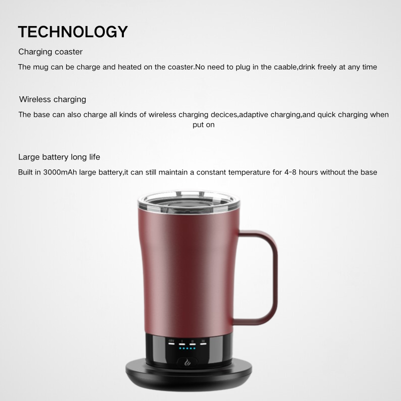Temperature Control Heated Travel Mug Smart Self Heating Coffee Mug with App Controlled LED Display and Wireless Combo Charger