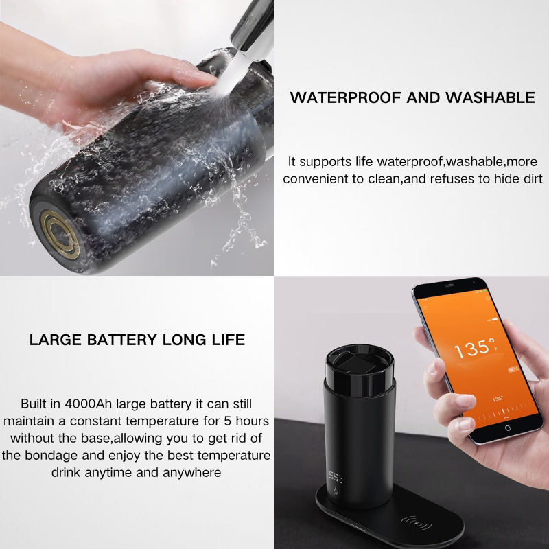 Temperature Control Heated Coffee Mug Smart Self Travel Mug with App Controlled Warmer LED Display Wireless Charger Base