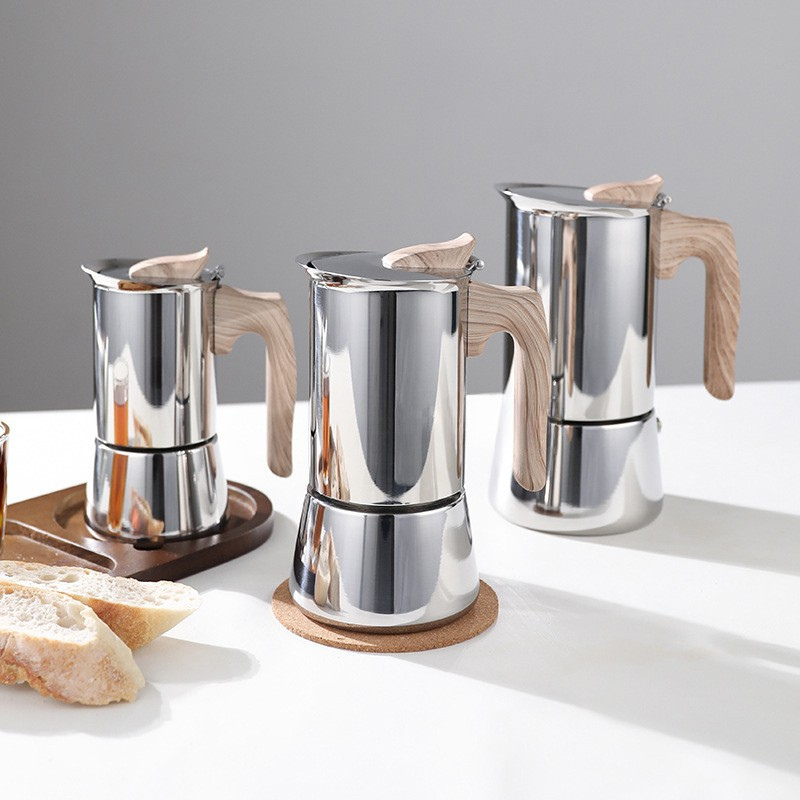 Stovetop Espresso Coffee Maker Stainless Steel Mocha Pot With Wooden Handle