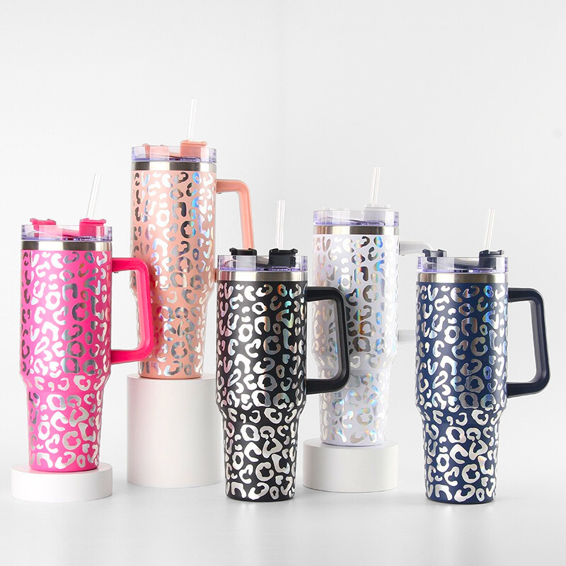 40oz Holographic Leopard Tumbler with Handle