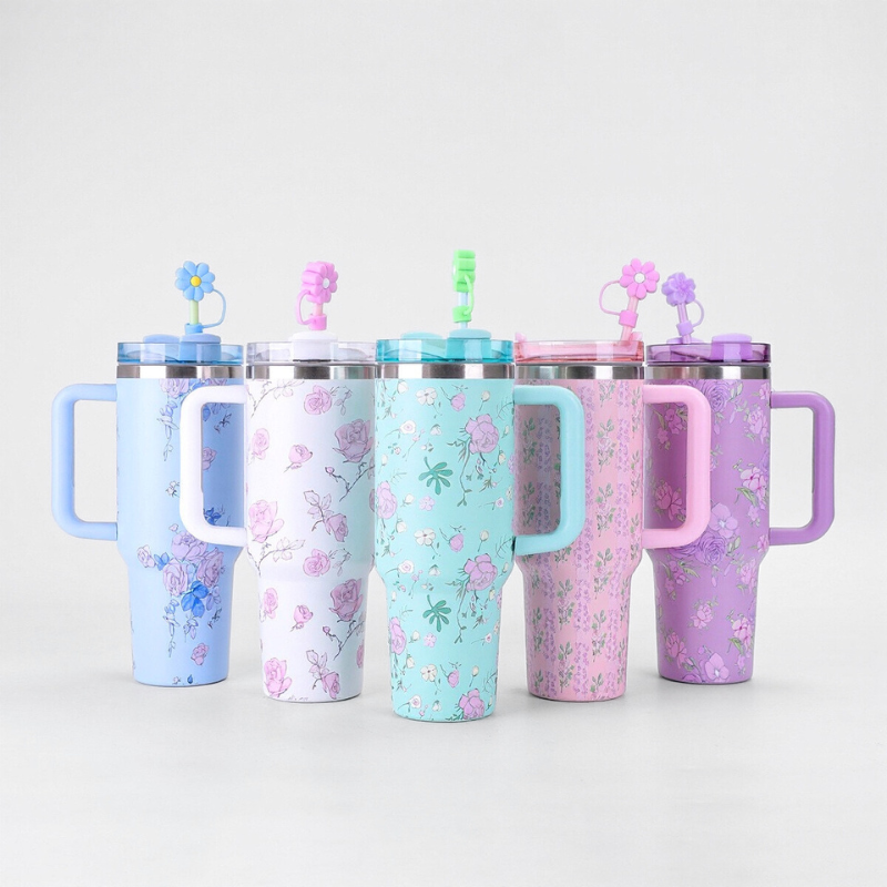 40oz Flower Tumbler Mug with Straw and Handle