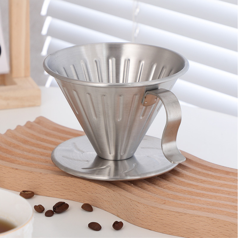 Stainless Steel Coffee Drip Filter Cup With Handle And Base Silver