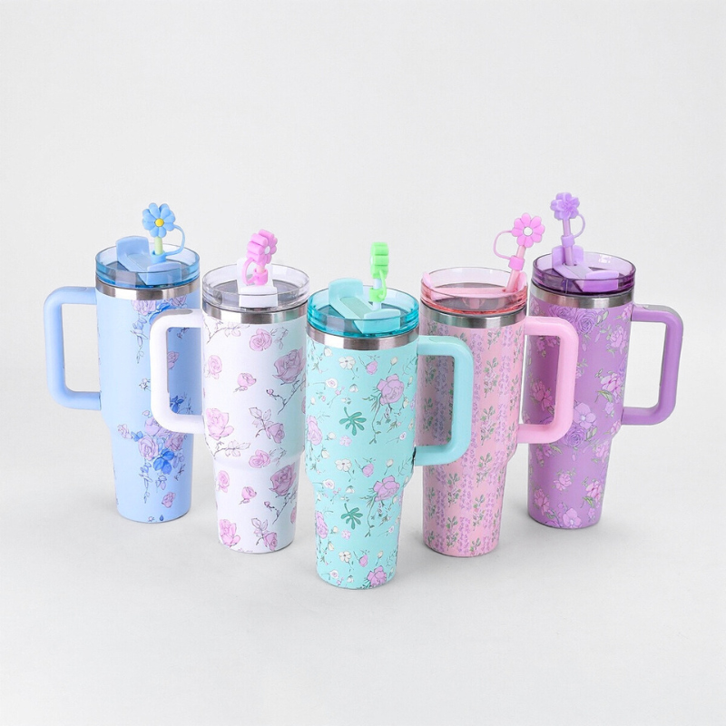40oz Flower Tumbler Mug with Straw and Handle