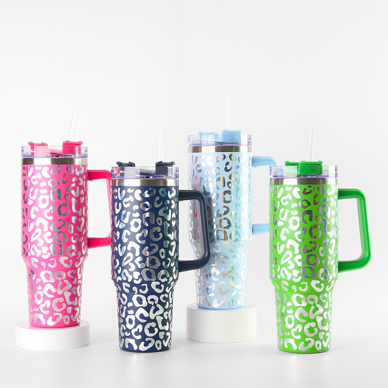 40oz Holographic Leopard Tumbler with Handle