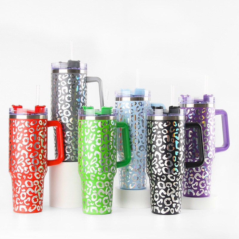 40oz Holographic Leopard Tumbler with Handle