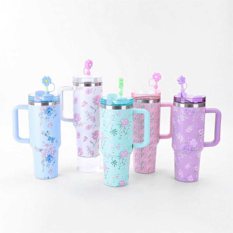 40oz Flower Tumbler Mug with Straw and Handle