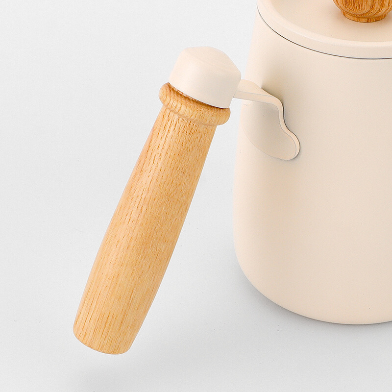 600ml Cream Coffee Kettle With Wooden Handle And Lid