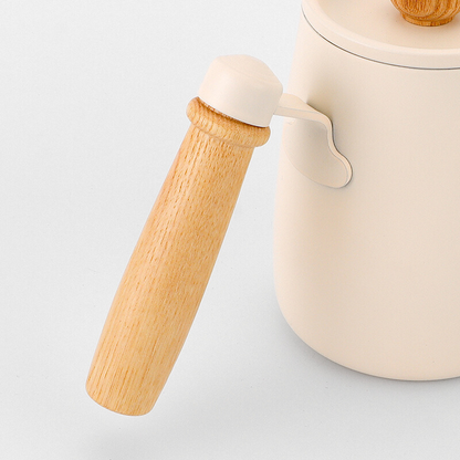 600ml Cream Coffee Kettle With Wooden Handle And Lid